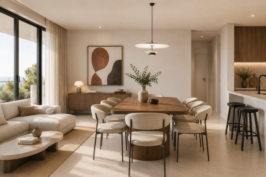 Residence A1 - Φωτεινός ενιαίος χώρος καθιστικού και τραπεζαρίας με σύγχρονη αισθητική
