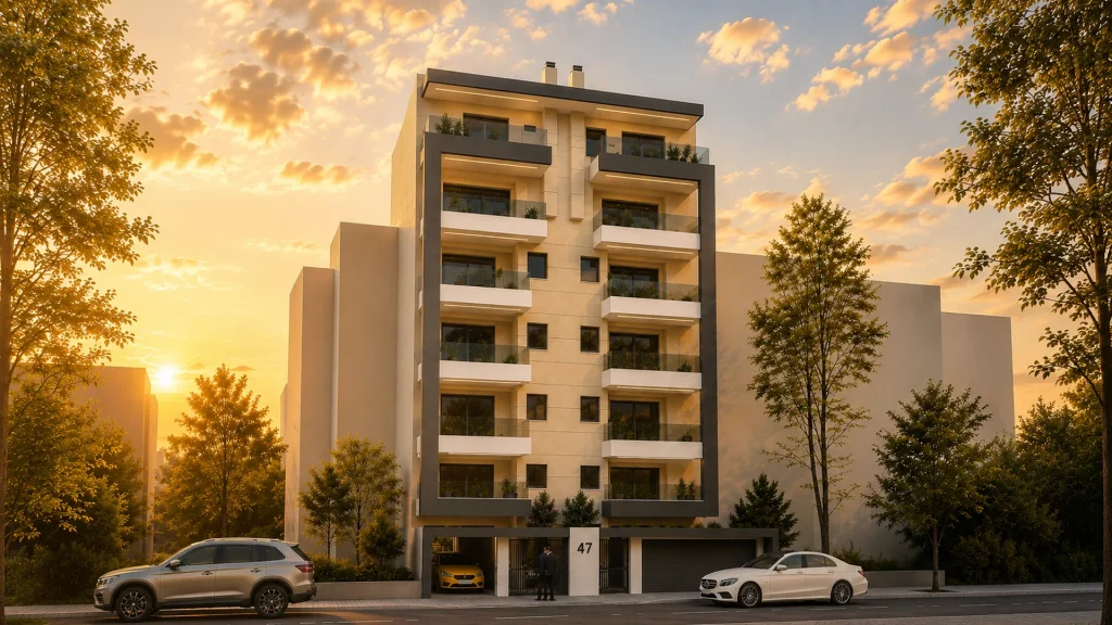 Εξωτερική όψη κτιρίου στην Πατριάρχου Γρηγορίου στην Καλλιθέα απογευματινή ώρα